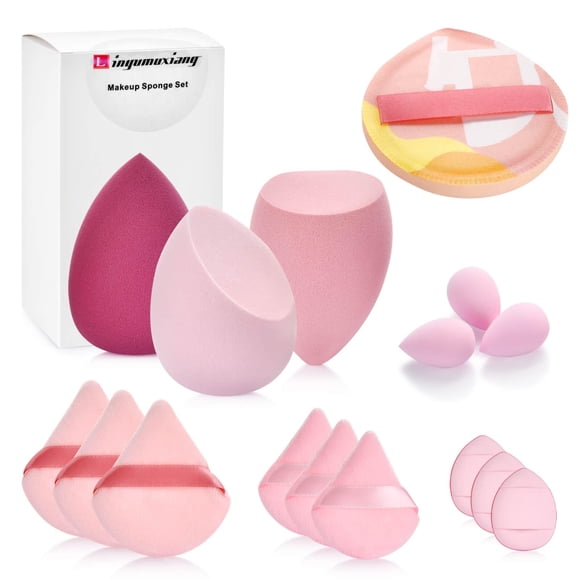 Set de 16 Esponjas de Maquillaje Linyumuxiang – 6 Esponjas Triangulares, 3 Grandes, 3 Pequeñas, 1 Esponja Grande para Base y 3 Esponjas para Pulgar
