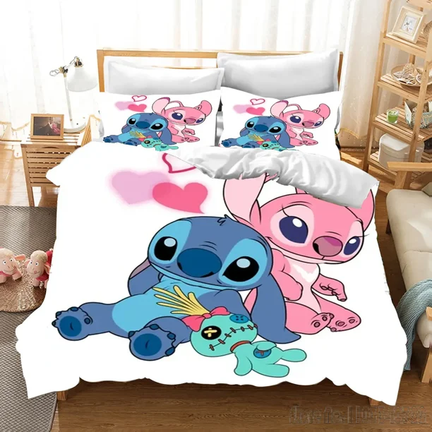 x378 Bed SheetsAnime Stitch Angle Cartoon Love Child Duvet Cover Set HD Comforter Cover Bedclothes for Kids Bedding Sets Bedroom Decor 3-Piece Bedding Set (1 Duvet Cover + 2 Pillow Shams) nj378
