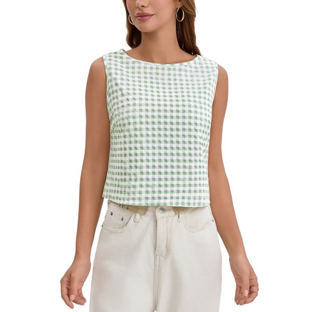 ATHLECHIC Mujeres Verano Tops Cortos de Tirantes Cuadros Top Botón Espalda Casual Blusas Sin Mangas Camisas S Verde