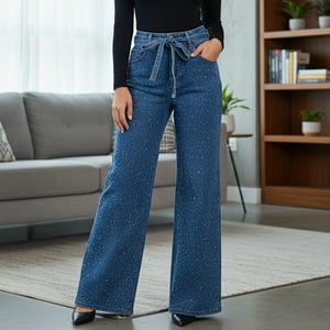 Flix Spa - Pantalón Mezclilla Wide Leg Mujer Tiro Alto Detalle Brillos