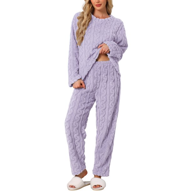 INSPIRE CHIC Conjunto de Pijama de Felpa Esponjosa para Mujer de Manga Larga con Cuello Redondo, Suave, Cálido, para Invierno, 2 Piezas, Ropa de Estar, Talla M, Color Púrpura