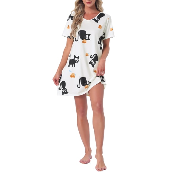 INSPIRE CHIC Camisón de Mujer de Manga Corta con Estampado Ropa de Dormir Camisetas de Noche Lindas S Gatos Negros