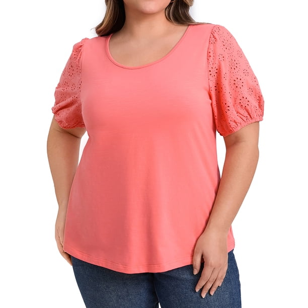 GRACE & GRANDEUR Blusas Casuales de Mujer Tallas Grandes con Panel Bordado, Manga Corta Abullonada y Cuello Redondo 1X Rojo Coral
