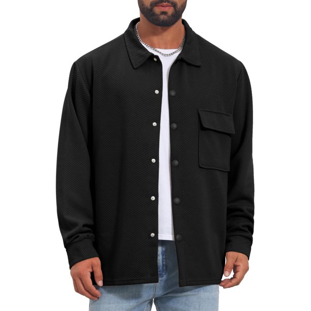 Chaqueta de Camisa de Punto Jacquard con Bolsillo en el Pecho de Botones para Hombre INSPIRE CHIC Vintage Casual M Negro