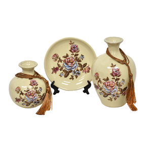 Muebles Santa Ana - Floreros Y Plato Decorativo Flores Beige