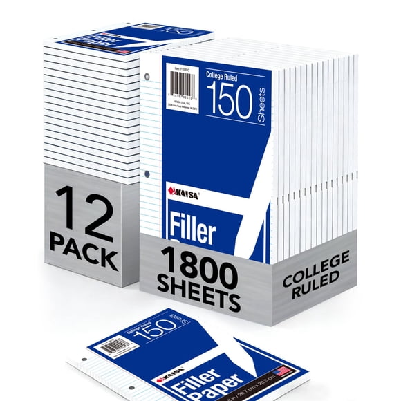 Kaisa Papel de Relleno para Cuadernos, Papel Rayado Universitario 8" x 10,5" Hoja Suelta para Archivadores de 3 Anillas, 1800 Hojas/paquete, Pack de 12 (Total 1800 Hojas)