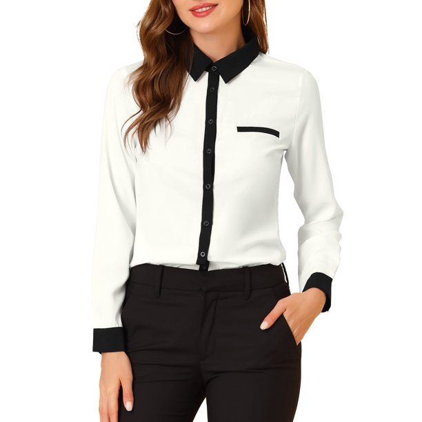 INSPIRE CHIC Camisa de Trabajo de Manga Larga con Botones y Bloque de Color para Mujeres Regreso a Clases M Blanco