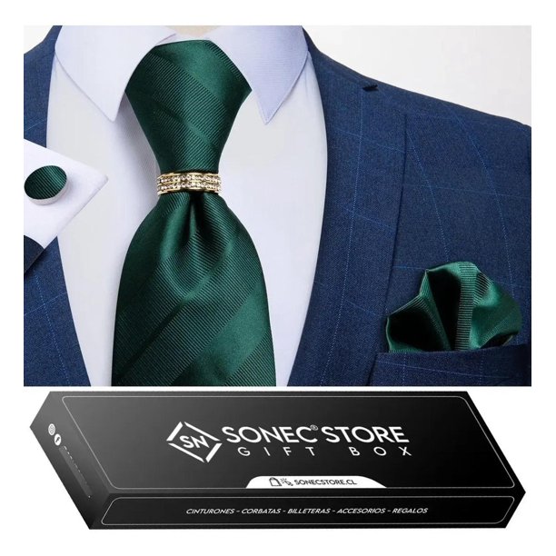 Corbata Hombre Seda En Caja + Anillo Dorado, Paño Y Colleras verde Talla Única
