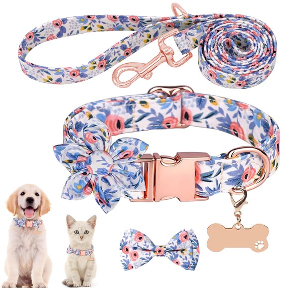 Set de Collar y Correa para Perro HMTRADE Floral Ajustable M Azul