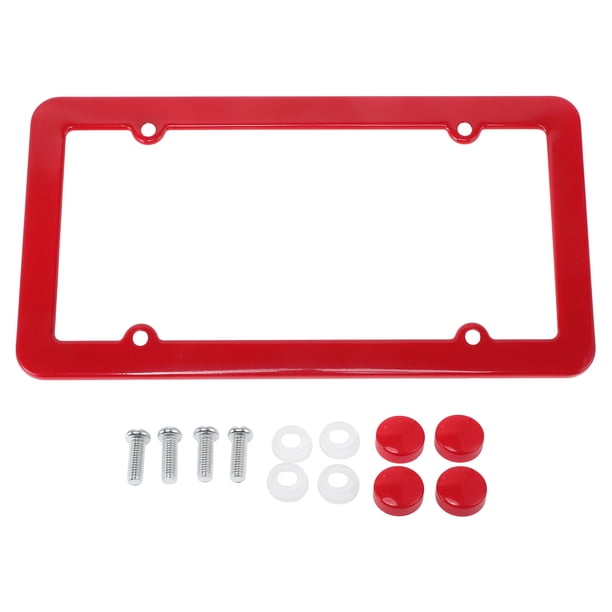 Marco de placa de matrícula de acero inoxidable para automóvil con tornillos y tapas, 4 agujeros, color rojo, marco ancho con agujero redondo