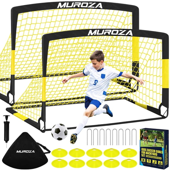 Goles de fútbol MUROZA Kids de 4 x 3 pies con balón de fútbol, paquete de 2 conos