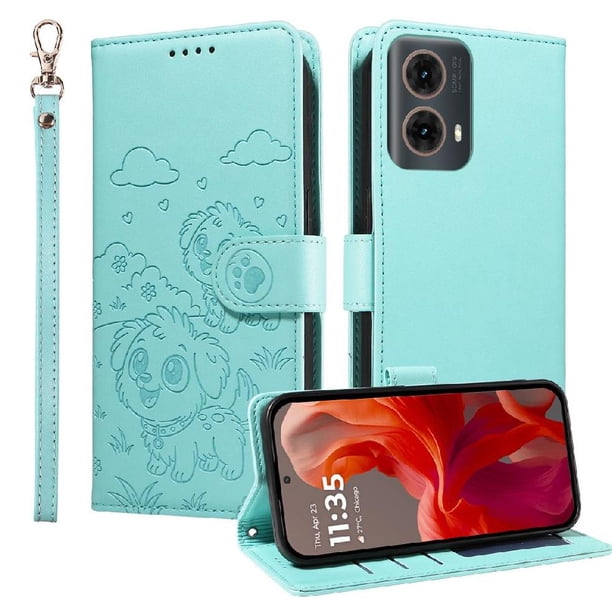 Funda Cartera para Motorola Moto G85 5G Perro Cachorro Grabado con Tarjetas Soporte Correa Verde