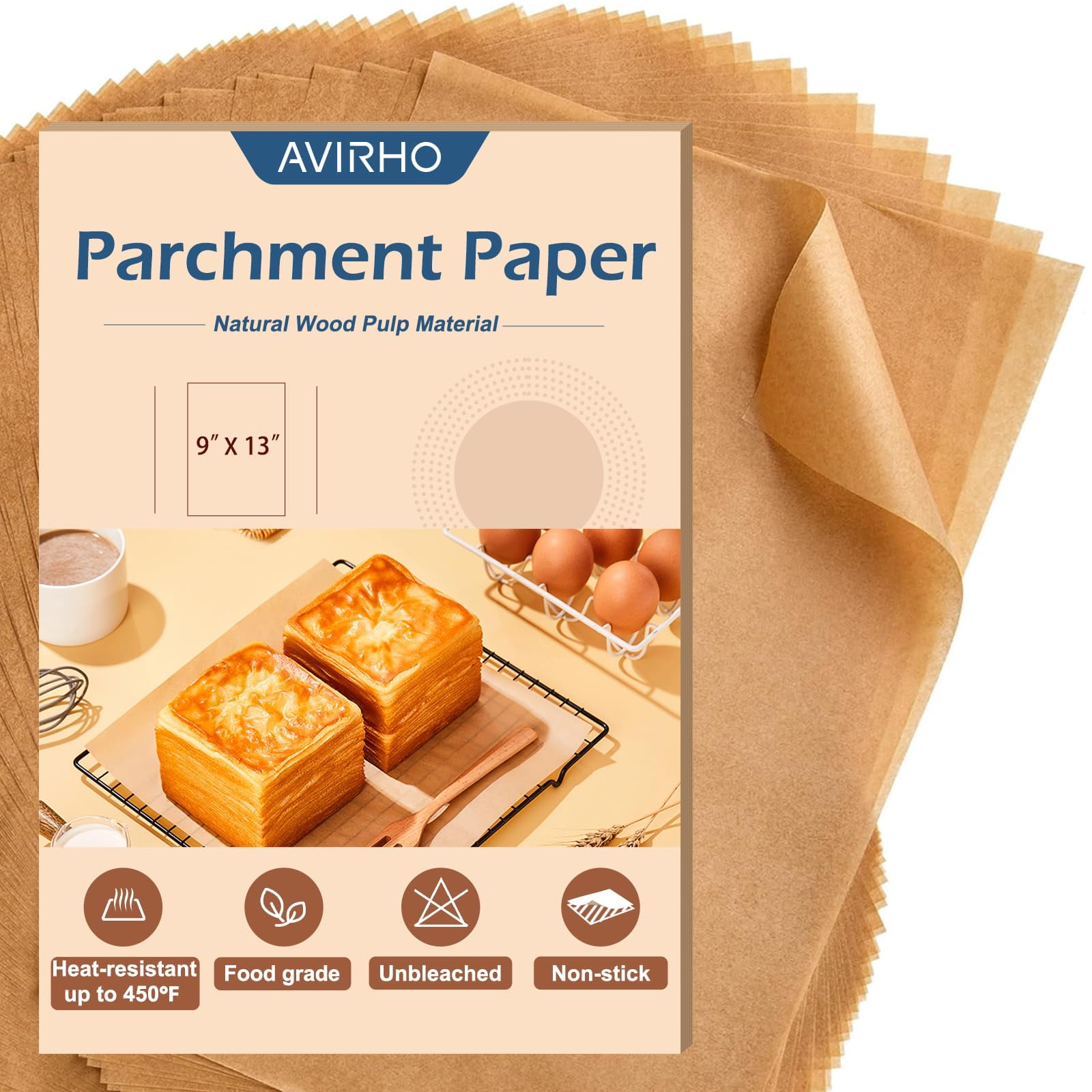 Bandejas Para Hornear De Papel Pergamino Avirho Sin Blanquear, 9 X 13 Pulgadas, 70 Hojas