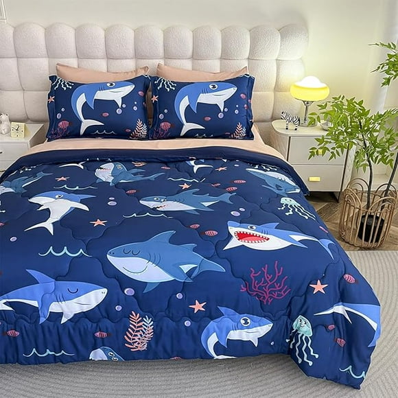 Juego De Edredón Infantil Tiburones Océano 3d Tamaño Completo 7 Piezas