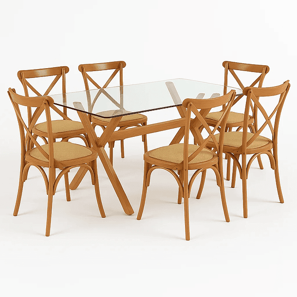 Klik Muebles - Comedor Mesa De Vidrio Cross 140x90 + 6 Sillas Crossback Madera