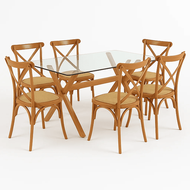 Klik Muebles - Comedor Mesa De Vidrio Cross 140X90 + 6 Sillas Crossback Madera