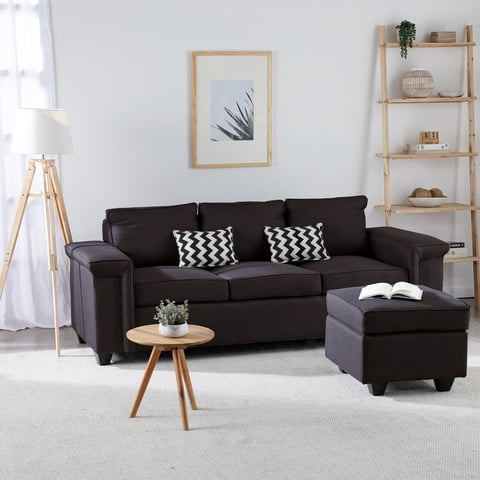 Muebles Cottoni - Sofá 3 Cuerpos Sicilia + 1 Pouf Tela Chocolate