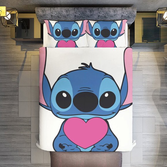 Stitch Holding A Heart 3 Pieces Duvet Cover Set Full Size Super Soft Fade Resistant Microfiber