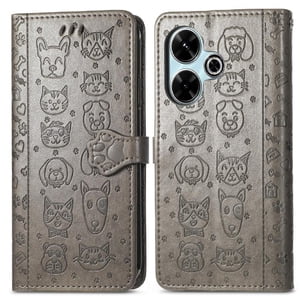 Funda Cartera Foxdock Para Xiaomi Redmi 13 4G , Flip Pu Con Relieve De Gatos Y Perros, Tarjetero Y Soporte