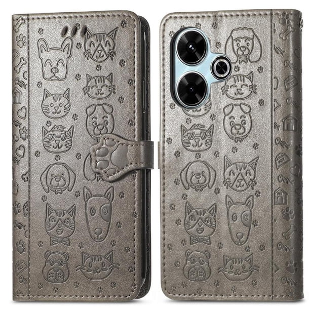 Funda Cartera FOXDOCK para Xiaomi Redmi 13 4G , Flip PU con Relieve de Gatos y Perros, Tarjetero y Soporte