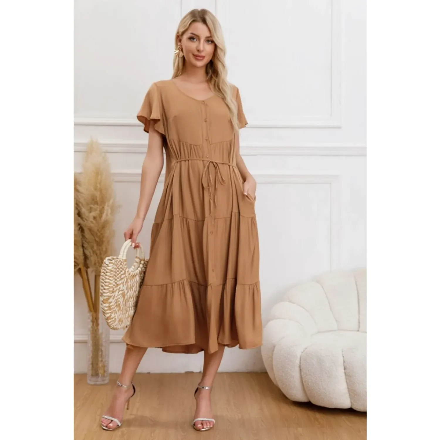 Likeshop - Vestido Largo Mujer Primavera Casual Manga Corta Escalonado 329