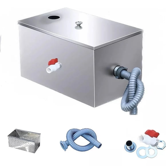 Trampa de Grasa Industrial Comercial de Acero Inoxidable, Cuatro niveles de filtración Trampa Interceptora de Grasa,Separador de Agua y Aceite con Cesta de Filtro Extraíble para Restaurante 50*25*25CM