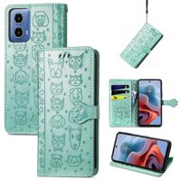 Funda Cartera Foxdock Para Motorola Moto G34 , Flip Pu Con Relieve De Gatos Y Perros, Tarjetero Y Soporte