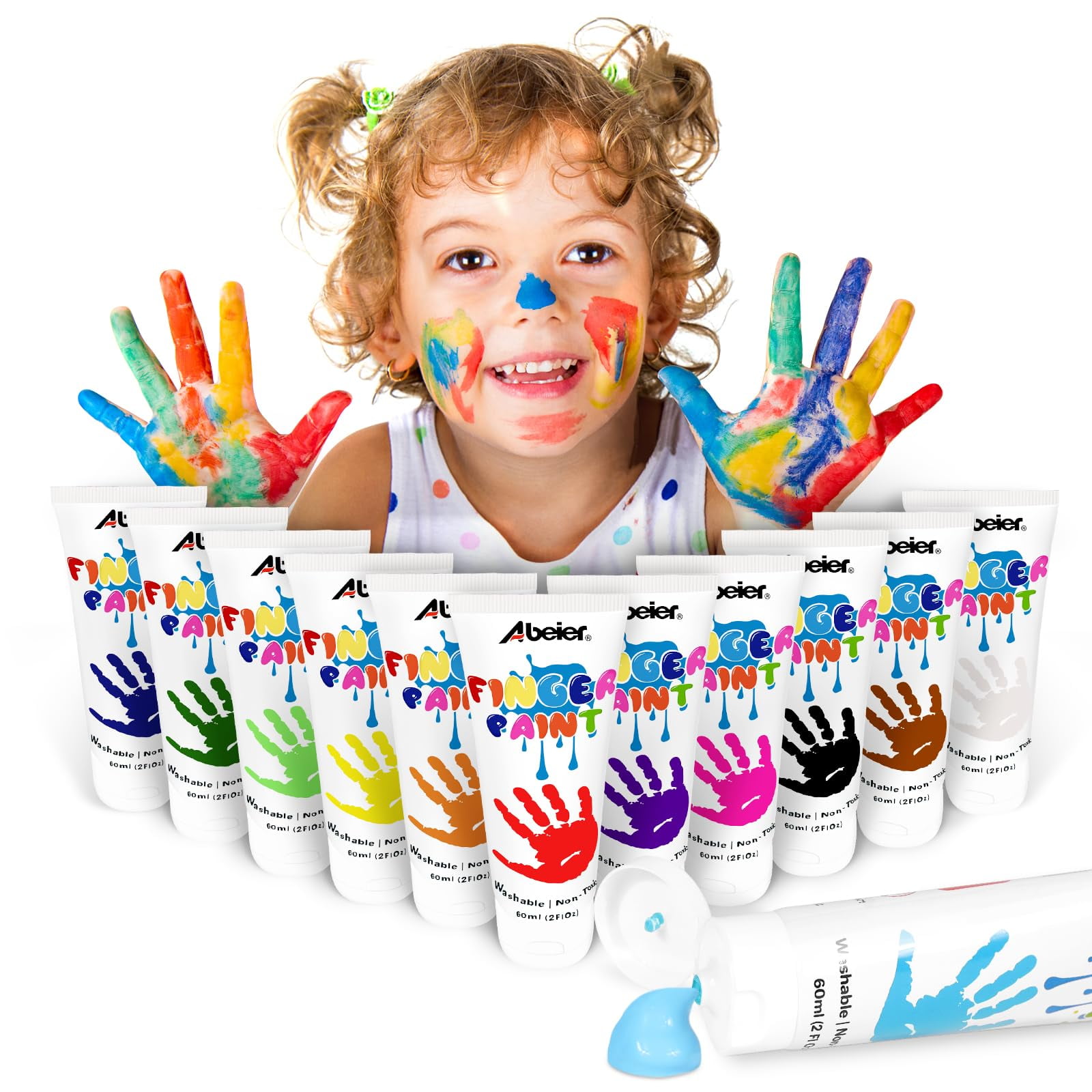 Set De Pintura Para Dedos Abeier, Lavable, No Tóxico, 12 X 60 Ml, De 1 A 10 Años
