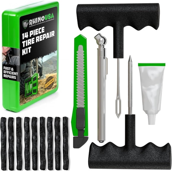 Rhino USA Compact Tire Plug Kit, kit de reparación de neumáticos de 14 piezas