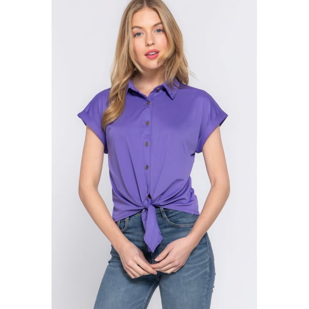Saronite Blusa de Punto Elástico con Botones Delanteros Anudados Al Frente de Manga Corta de Color Liso, Color Morado (para Mujer)