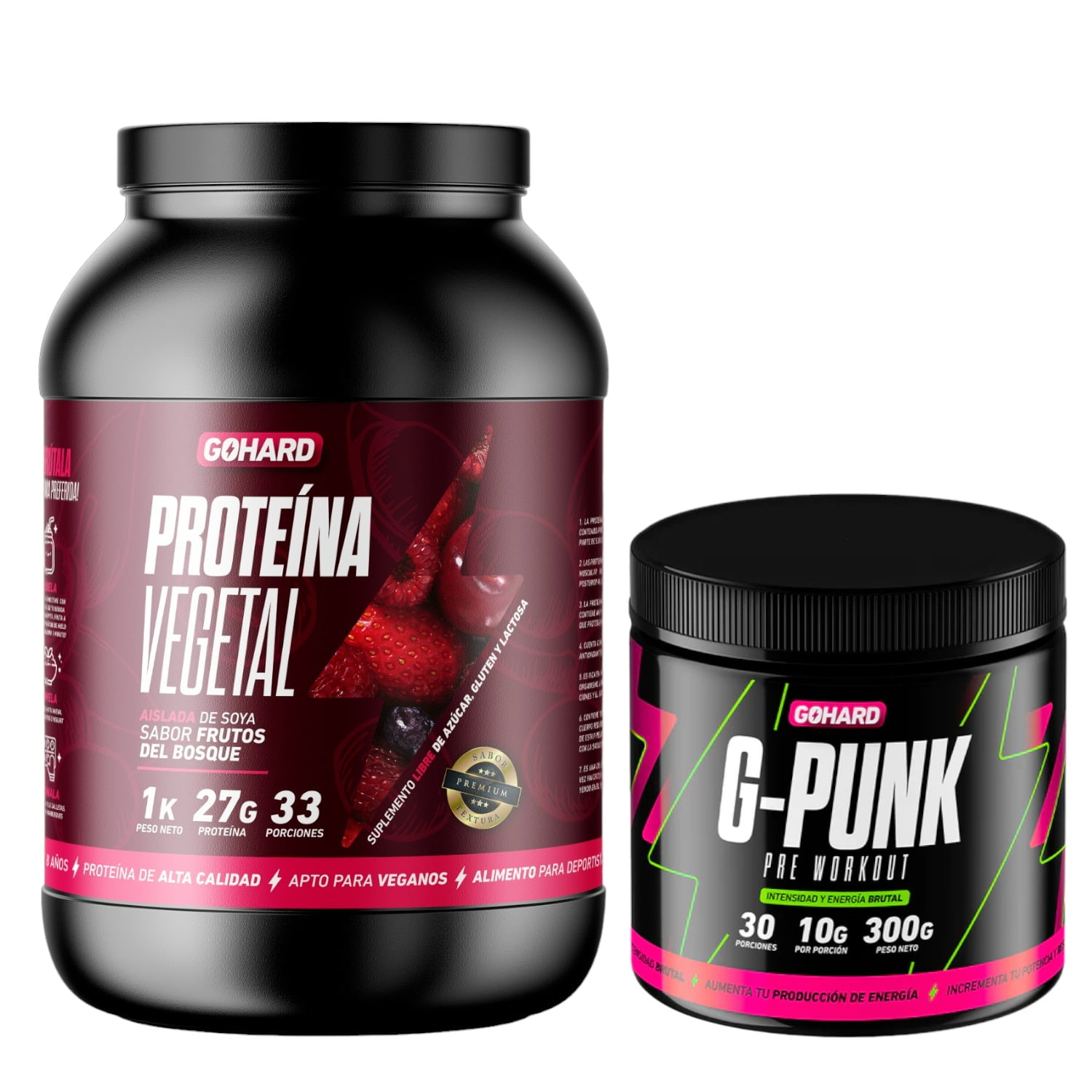 Proteina Vegetal 33 Serv. 1Kg Frutos Del Bosque & Pre Entrenamiento G-Punk 30 Serv