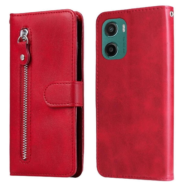Funda tipo cartera para Motorola Moto E15 con bolsillo con cremallera y ranuras para tarjetas – Función de soporte Rojo