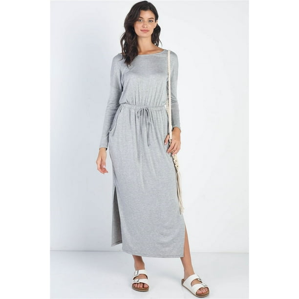 Saronite Vestido Largo Básico de Rayón, con Cuello Redondo y Manga Larga, Gris Jaspeado (para Mujer)
