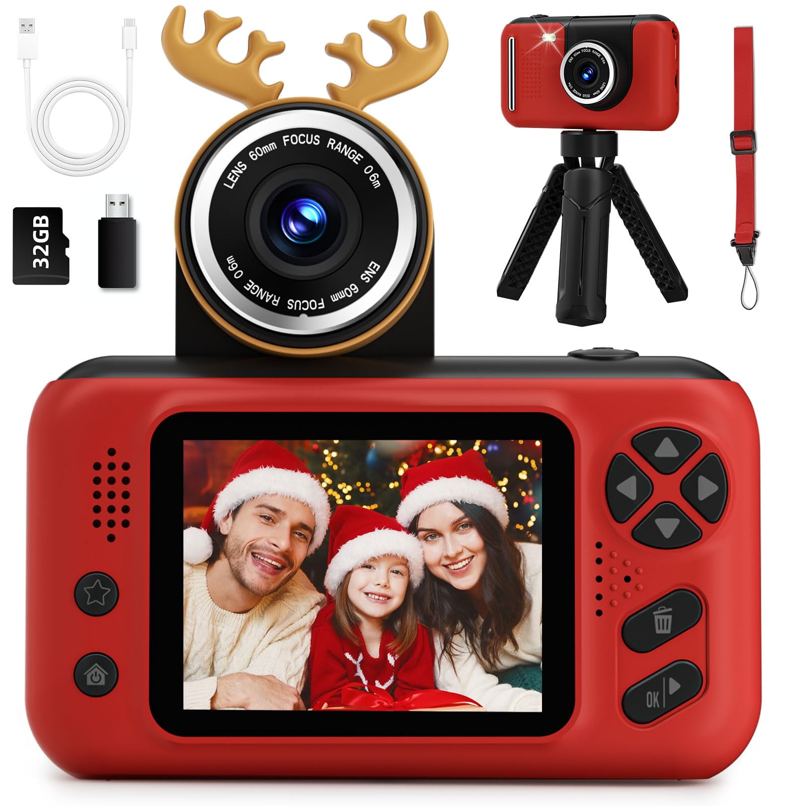 Cámara Para Niños Makolle 1080p Hd Video Selfie Con Tarjeta Sd De 32 Gb, Roja