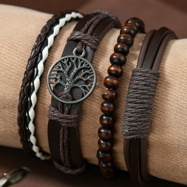 4pcs/Set Braided Wrap Leather Bracelets For Men - Vintage, Life Tree, Rudder Charm, Wood Beads Wrist Black Brown