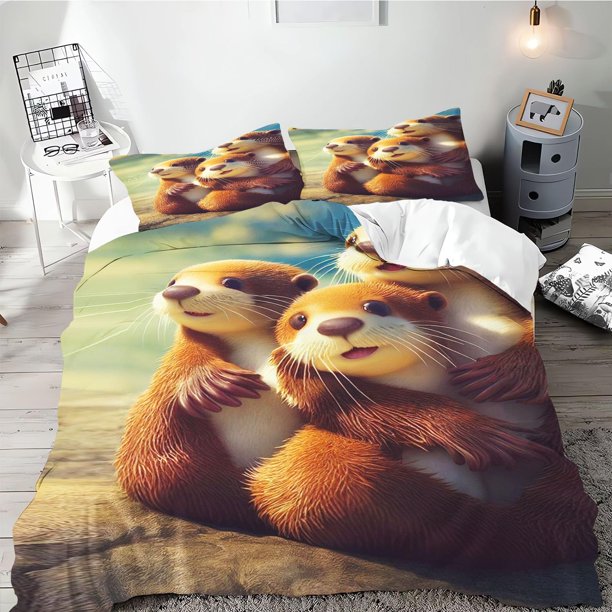 x443 Bed SheetsCute Otter Duvet Cover for Boys Girls, Otter Animal Bedding Set, , Ottertier Animal Quilt Cover Set with Pillowcase 3-Piece Bedding Set (1 Duvet Cover + 2 Pillow Shams) nj443