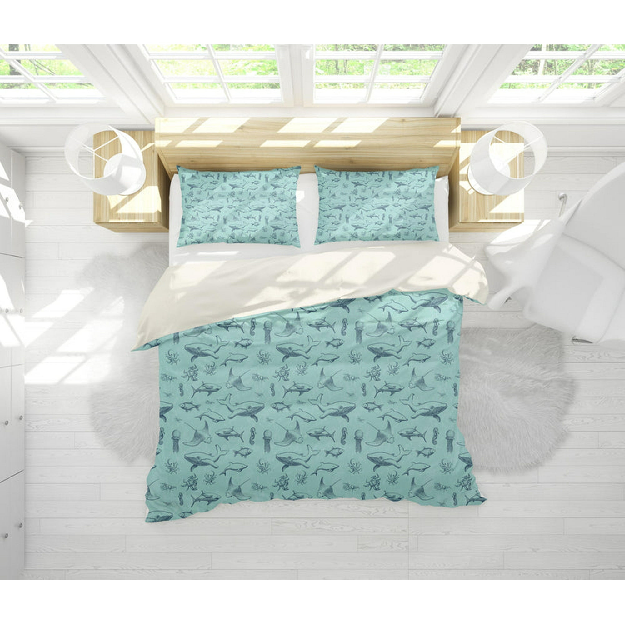 Milsleep - 3d Tiburón Azul Ballena Pulpo Medusa Camarón Funda De Edredón Set Ropa De Cama Set