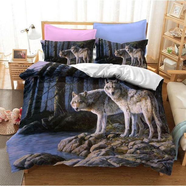 Forest Wolves Wolf Quilt Duvet Cover Set Soft Bedroom Decor Bedclothes3-Piece Bedding Set
