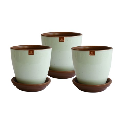 Pottery - Set De 3 Maceta Zafiro 14Cm Verde Agua Y Sus Platos