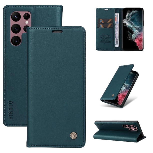 Funda Billetera de Cuero para Samsung Galaxy S22 Ultra con Tarjetero y Soporte - Tapa Magnética Azul