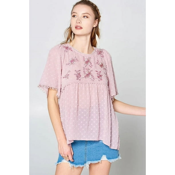 Esta Blusa de Gasa con Burbujas y Ribete de Encaje Detallado