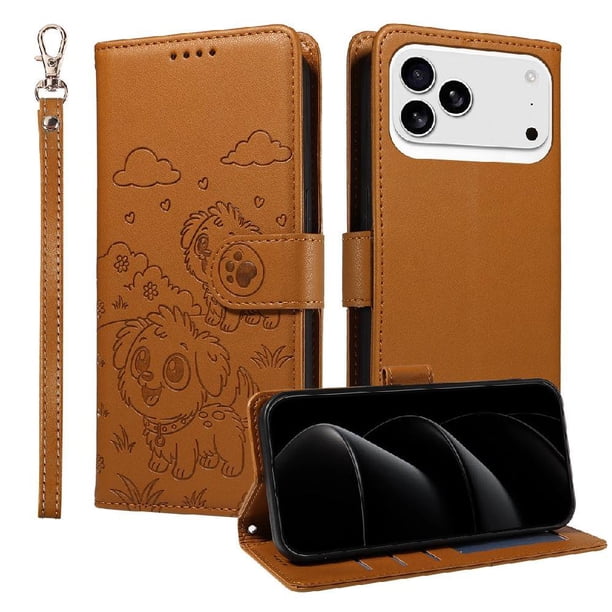 Funda Cartera para iPhone 17 Pro Max Perro Cachorro Grabado con Tarjetas Soporte Correa Marrón
