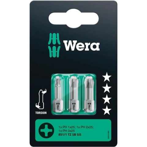 Wera - Set 3 Puntas Phillips Ph1 / Ph2 / Ph3 X 25 Mm Con Torsión