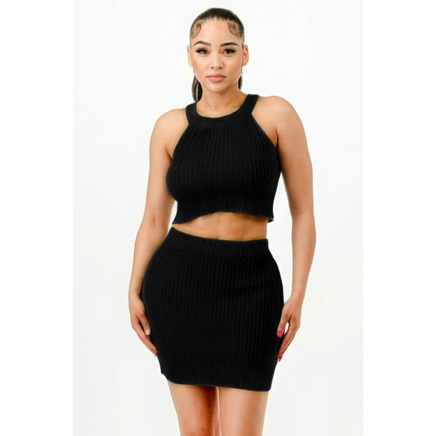 Saronite Conjunto de Dos Piezas de Camiseta sin Mangas con Cuello Halter y  Minifalda Ajustada, Color Negro (para Mujer)